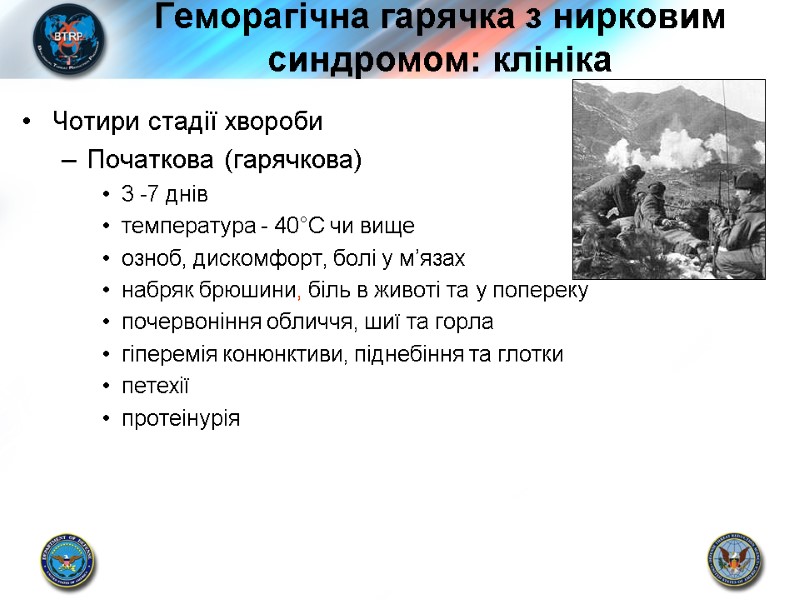 Геморагічна гарячка з нирковим синдромом: клініка Чотири стадії хвороби Початкова (гарячкова) 3 -7 днів